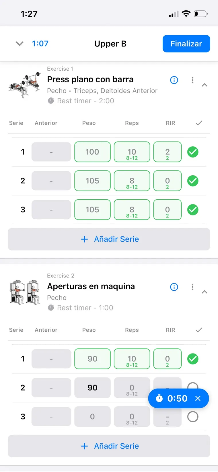 GoHarder workout logging with sets, reps and RIR